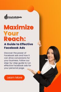 business-woman-pointing-to-the-blog-title-Maximize-Your-Reach-A-Guide-to-Effective-Facebook-Ads-Pinterest-Pin